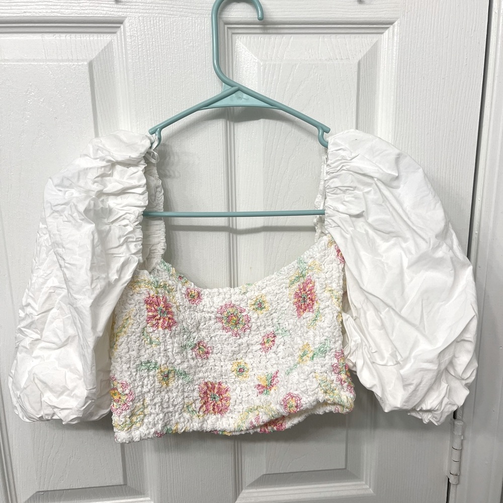 Zara White Poplin Floral Puff Sleeve Crop Top/Blouse - XS